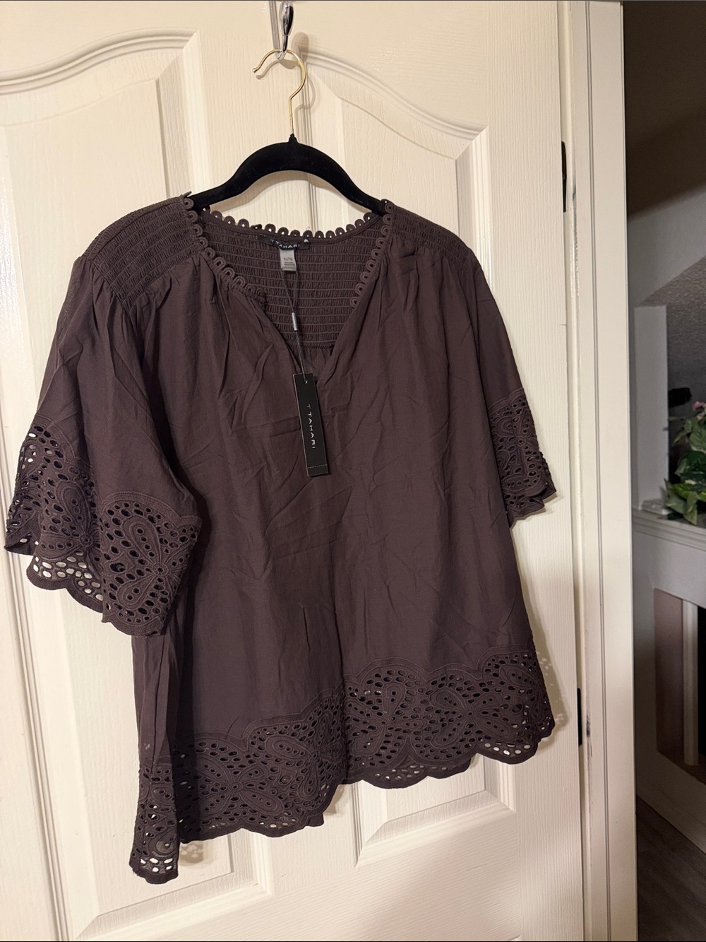 T Tahari Brown Eyelet-Trim V-Neck Tunic